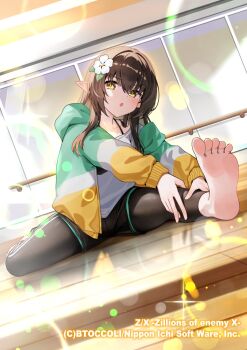 1girl barefoot black_hair black_leggings black_shorts copyright_notice dutch_angle flower green_jacket hair_flower hair_ornament hands_on_own_leg highres hood hooded_jacket indoors jacket leggings long_hair multicolored_jacket official_art open_clothes open_jacket pecteilis pointy_ears shiromoca shirt shorts soles solo sparkle stretching white_jacket white_shirt yellow_eyes yellow_jacket z/x