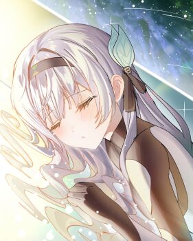1girl black_bodysuit black_hairband black_ribbon blush bodysuit closed_eyes cryostasis_pod devl_ga_aru dutch_angle expressionless facing_viewer firefly_(ar-26710)_(honkai:_star_rail) firefly_(honkai:_star_rail) from_side hair_ornament hair_ribbon hair_spread_out hairband highres honkai:_star_rail honkai_(series) light_particles long_hair lying mecha_pilot_suit meteor_shower multicolored_bodysuit on_side parted_lips ribbon sidelighting sky sleeping solo sparkle star_(sky) starry_sky two-tone_bodysuit u_u upper_body white_bodysuit white_hair