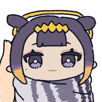 1girl 1other :3 blonde_hair blunt_bangs chibi closed_mouth commentary_request gradient_hair hairband halo hololive hololive_english jazz_jack looking_at_viewer lowres multicolored_hair ninomae_ina'nis purple_eyes purple_hair tentacle_hair transparent_background virtual_youtuber yellow_hairband yellow_halo