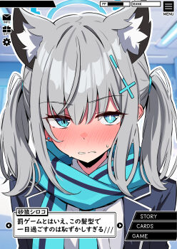 1girl amenocchi animal_ear_fluff blue_archive blue_eyes blue_halo blue_jacket blue_necktie blue_scarf blush clenched_teeth commentary_request cross_hair_ornament earrings embarrassed extra_ears grey_hair hair_between_eyes hair_ornament halo highres jacket jewelry long_hair mismatched_pupils necktie scarf shiroko_(blue_archive) shirt sidelocks solo stud_earrings sweat tail teeth twintails user_interface white_shirt wolf_girl wolf_tail