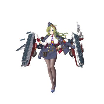 Rule 34 | 1girl, anti-aircraft, anti-aircraft gun, artist request, black pantyhose, blue eyes, blue jacket, blue skirt, breasts, collared shirt, flight deck, full body, garrison cap, gloves, green hair, hand on own hip, hat, highres, jacket, jacket on shoulders, large breasts, long hair, long sleeves, looking at viewer, multicolored necktie, necktie, official art, pantyhose, pencil skirt, red gloves, rigging, sangamon (warship girls r), shirt, signal flag, skirt, solo, tbf avenger, transparent background, warship girls r, white shirt