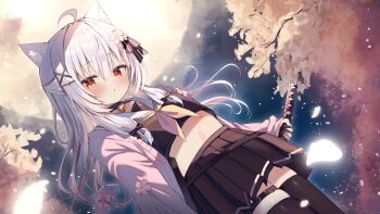 1girl :o ahoge animal_ear_fluff animal_ears asymmetrical_legwear bell black_collar black_ribbon black_serafuku black_shirt black_skirt black_sky blush brown_eyes cardigan choppy_bangs collar commentary_request crop_top cropped_shirt dutch_angle falling_petals flower full_moon grey_cardigan grey_hair hair_between_eyes hair_flower hair_ornament hair_ribbon hairclip highres holding holding_sword holding_weapon long_bangs long_hair long_sleeves looking_at_viewer looking_down midriff miniskirt moon navel neck_bell neckerchief night open_cardigan open_clothes original outdoors parted_lips petals pleated_skirt ribbon sailor_collar school_uniform serafuku shirt skirt sky solo sword takepoison thigh_strap thighhighs tree weapon white_sailor_collar x_hair_ornament yellow_neckerchief