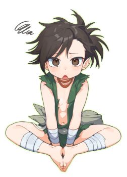 1girl barefoot black_hair brown_eyes dororo_(character) dororo_(tezuka) feet green_tunic highres hufy messy_hair navel short_hair simple_background squiggle tomboy tunic white_background