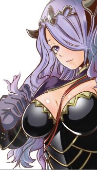 Rule 34 | 1girl, between breasts, breasts, camilla (fire emblem), cleavage, fire emblem, fire emblem fates, hair over one eye, large breasts, looking at viewer, nintendo, one eye covered, purple eyes, purple hair, simple background, solo, strap between breasts, to ra dandan35