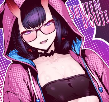 Rule 34 | 1girl, absurdres, alkaid exec, bandeau, black bandeau, black choker, breasts, character name, choker, drawstring, fang, fate/grand order, fate (series), halftone, highres, hood, hood up, hoodie, horns, looking at viewer, low twintails, oni, open clothes, open hoodie, open mouth, pink hoodie, purple eyes, purple hair, short eyebrows, short hair, short twintails, shuten douji (fate), skin-covered horns, skin fang, small breasts, smile, solo, sunglasses, twintails, upper body