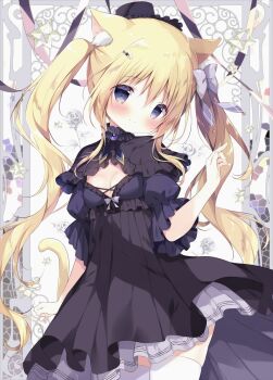 1girl animal_ear_fluff animal_ears black_dress black_hat blonde_hair blush bow cat_ears cat_girl cat_tail closed_mouth commentary dress floral_background hair_between_eyes hair_bow hair_ornament hand_up hat head_tilt highres korone_(shiratama) long_hair looking_at_viewer mini_hat original pleated_dress puffy_short_sleeves puffy_sleeves purple_bow purple_eyes shiratama_(shiratamaco) short_sleeves sidelocks smile solo star_(symbol) star_hair_ornament symbol-only_commentary tail thighhighs twintails very_long_hair white_thighhighs wide_sleeves