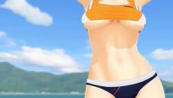 1girl 3d aki_minoriko animated armpits arms_up bouncing_breasts breasts close-up dancing head_out_of_frame highres jiggle large_breasts leaning_forward legs lower_body navel solo sports_bikini swimsuit tagme thighs toned touhou underboob video