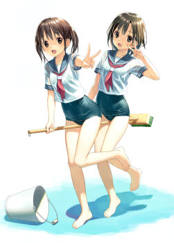 2girls :d bare_arms bare_legs blue_one-piece_swimsuit breasts broom brown_eyes brown_hair bucket commentary_request covered_navel grey_eyes koutaro multiple_girls neckerchief old_school_swimsuit one-piece_swimsuit open_mouth original outstretched_arm red_neckerchief school_swimsuit school_uniform see-through_clothes serafuku shirt short_sleeves small_breasts smile swimsuit swimsuit_under_clothes twintails v white_background white_shirt