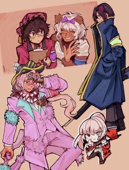 Rule 34 | albina (project moon), animal ears, armband, armor, axe, bandaged hand, bandages, bear ears, black hair, blood, blood on face, blood on hands, bloody weapon, blue coat, bow, camera, clipboard, coat, collared shirt, commentary, e.g.o (project moon), english commentary, faint aroma (e.g.o), glasses, gun, hair bow, hat, hatchet (axe), highres, kira (project moon), krauuu003, laetitia (e.g.o), limbus company, lobotomy corporation, lucio (project moon), magic bullet (e.g.o), necktie, pants, pink coat, pink hair, pink pants, project moon, purple bow, red necktie, ren (project moon), rifle, sanguine desire (e.g.o), shirt, short hair, so cute!!! (e.g.o), sora (project moon), weapon, white hair, white necktie