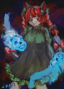 1girl animal_ears black_bow bow braid cat_ears cat_girl cat_tail dress extra_ears green_dress hair_bow highres hitodama kaenbyou_rin long_hair looking_at_viewer multiple_tails red_bow red_eyes red_hair signature smile solo tail tail_bow tail_ornament touhou twin_braids two_tails yuuki_(yuk)