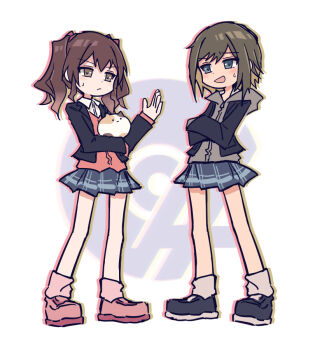 >:( 2girls :d akashi_maho black_jacket black_shoes blazer blue_eyes blue_skirt brown_eyes brown_hair calico_(pattern) calico_cat cardigan closed_mouth collared_shirt commentary d4dj dress_shirt frown grey_jacket grey_socks hood hooded_jacket jacket jacket_over_jacket medium_hair miniskirt multiple_girls ohnaruto_muni open_clothes open_jacket open_mouth pink_cardigan pink_shoes pink_socks plaid_clothes plaid_skirt pleated_skirt school_uniform shirt shoes skirt smile socks sweatdrop twintails v-shaped_eyebrows white_shirt yukitake_(bullfalk)