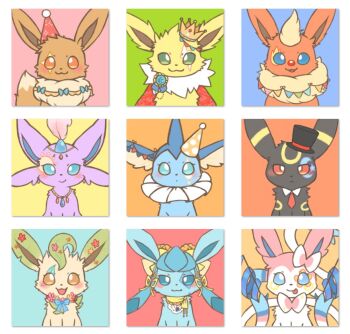 Rule 34 | :3, :p, animal focus, aqua eyes, black fur, blue bow, blue eyes, blue fur, blue ribbon, border, bow, bright pupils, brown eyes, brown fur, cape, clown nose, crown, eevee, espeon, facepaint, facial mark, feathers, fins, fish tail, flareon, forehead jewel, forehead mark, gen 1 pokemon, gen 2 pokemon, gen 4 pokemon, gen 6 pokemon, glaceon, green eyes, green fur, hat, head fins, jewelry, jolteon, leaf, leafeon, looking at viewer, lovewolf5122, neck fur, necklace, nintendo, no humans, open mouth, orange eyes, orange fur, party hat, pink feathers, pink fur, pokemon, pokemon (creature), pokemon focus, purple fur, red cape, red eyes, ribbon, sidelocks, simple background, spiked tail, sylveon, tail, tongue, tongue out, top hat, umbreon, upper body, vaporeon, white border, white fur, white pupils, yellow bow, yellow fur