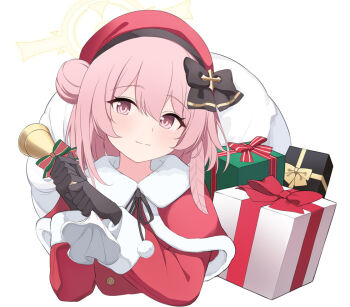 1girl bag black_bow black_gloves blue_archive bow box capelet commentary cropped_torso cross_hair_ornament dress feather_hair fur-trimmed_capelet fur-trimmed_sleeves fur_trim gift gift_bag gift_box gloves hair_between_eyes hair_bow hair_bun hair_ornament halo hands_up holding holding_bag long_sleeves looking_at_viewer medium_hair official_alternate_costume official_alternate_hairstyle pink_eyes pink_hair pom_pom_(clothes) red_capelet red_dress rururiiro santa_costume santa_dress serina_(blue_archive) serina_(christmas)_(blue_archive) simple_background single_side_bun solo upper_body white_background yellow_halo
