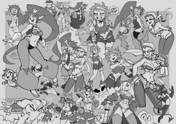 3boys 6+girls bandana belt bolo_(shantae) bomb bracer cannon character_request choker closed_eyes covering_privates demon_girl demon_tail earrings elephant explosive gloves greyscale highres jewelry leaning_forward monkey monochrome monster multiple_boys multiple_girls navel octopus one_eye_closed open_mouth pajamas pirate pointy_shoes ponytail risky_boots rottytops shantae shantae_(series) shoes short_hair shorts sky_(shantae) smile sword tail tinkerbat weapon za1f0n