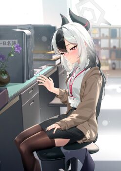 1girl alternate_costume alternate_hairstyle black_hair black_nails black_skirt blue_archive blush brown_jacket closed_mouth commentary_request demon_girl demon_horns gradient_hair hair_between_eyes hair_down highres horns id_card indoors jacket karasu-san_(syh3iua83) kayoko_(blue_archive) long_hair looking_at_viewer multicolored_hair office office_lady shirt side_slit sidelocks sitting skirt smile solo sweatdrop two-tone_hair white_hair white_shirt