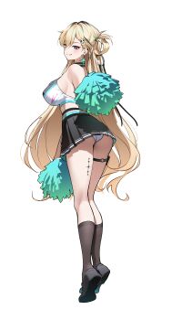 1girl absurdres alternate_costume ass ayoni_623 bare_shoulders black_skirt blonde_hair braid braided_bangs breasts cheerleader commentary earrings from_behind full_body hair_ornament highres jewelry large_breasts long_hair looking_at_viewer looking_back lynae_(wuthering_waves) panties pom_pom_(cheerleading) purple_eyes simple_background skirt skull_hair_ornament smile solo standing star_(symbol) star_earrings tacet_mark_(wuthering_waves) underwear upskirt very_long_hair white_background white_panties wuthering_waves