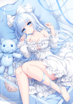 1girl bare_shoulders barefoot blue_eyes blue_hair blue_ribbon blunt_bangs blush bow braid breasts cleavage collarbone dot_nose dress frilled_bow frilled_dress frilled_sleeves frills hair_bow highres knees_together_feet_apart large_breasts leg_ribbon long_hair long_sleeves looking_at_viewer lying neck_ribbon on_back open_mouth original pillow ribbon sidelocks solo stardrop strap stuffed_animal stuffed_toy suitcase thighs twitter_username watermark white_bow white_dress white_ribbon