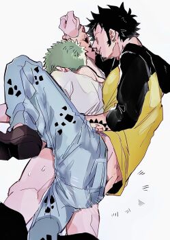 2boys anal arm_tattoo back bara black_hair bottomless clothed_sex couple earrings facial_hair feet_out_of_frame goatee green_hair highres jewelry long_sideburns male_focus male_penetrated multiple_boys one_piece roronoa_zoro sex sex_from_behind short_hair sideburns smile sweat tattoo trafalgar_law yaoi yuyu_(kssm_pero)