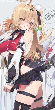 1girl absurdres ahoge ass berserker_r black_skirt blonde_hair blush breasts chalky_(zenless_zone_zero) chinese_commentary cissia_(zenless_zone_zero) commentary_request detached_sleeves dorayaki eating food grey_background highres holding holding_food large_breasts leotard long_hair looking_down metal_wrist_cuffs microskirt pink_nails red_eyes shock_collar side_ponytail skirt small_sweatdrop snake snake_girl snake_tail solo spoken_squiggle squiggle tail underboob wagashi wardrobe_malfunction white_sleeves white_snake white_tail zenless_zone_zero