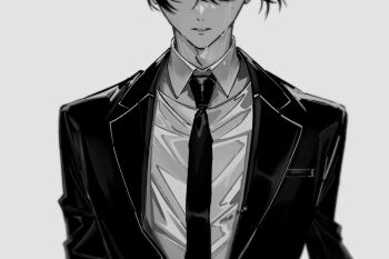 Rule 34 | 1boy, black jacket, chainsaw man, collared shirt, commentary request, crying, dress shirt, eyes out of frame, floating hair, grey background, greyscale, hayakawa aki, head out of frame, highres, hrak mumi, jacket, lapels, male focus, monochrome, necktie, notched lapels, shirt, simple background, solo, straight-on, suit jacket, tears, twitter username, wing collar