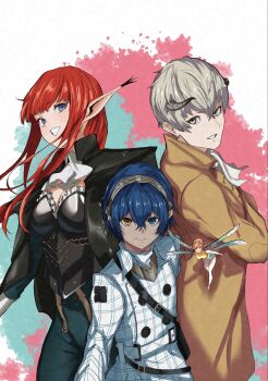 Rule 34 | 2boys, 2girls, armor, ascot, belt, belt buckle, black capelet, blue eyes, blue hair, breastplate, brown jacket, buckle, buttons, capelet, commentary request, dark-skinned male, dark skin, fairy, gallica (metaphor: refantazio), grey eyes, grey hair, grey hairband, grey horns, hairband, height difference, heterochromia, highres, horns, hulkenberg (metaphor: refantazio), jacket, long hair, long sleeves, looking at viewer, metaphor: refantazio, mini person, minigirl, multiple boys, multiple girls, orange hair, pointy ears, protagonist (metaphor: refantazio), red hair, s-m-53413, short hair, size difference, strohl (metaphor: refantazio), white ascot, white belt, white jacket, yellow eyes