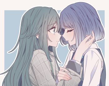 2girls blue_background border closed_eyes closed_mouth commentary gakuen_idolmaster green_eyes green_hair grey_jacket hand_in_another&#039;s_hair hataya_misuzu highres holding_another&#039;s_wrist idolmaster jacket kousaka_0v0 long_hair looking_at_another mole mole_under_mouth multiple_girls outline parted_lips purple_hair shirt short_hair smile tsukimura_temari upper_body white_border white_outline white_shirt yuri