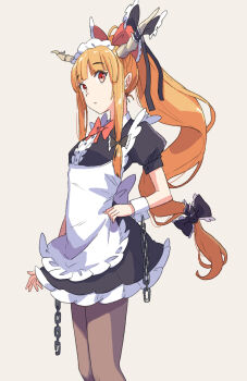 Rule 34 | 1girl, apron, black dress, bow, bowtie, chain, commentary request, cowboy shot, cuffs, dress, frills, hair bow, highres, horn ornament, horn ribbon, horns, ibuki suika, jack (wkm74959), leggings, long hair, maid, maid apron, maid headdress, multiple hair bows, one-hour drawing challenge, oni, orange eyes, orange hair, puffy short sleeves, puffy sleeves, red bow, red bowtie, ribbon, shackles, short sleeves, sidelocks, simple background, solo, touhou, waist apron, white apron, wrist cuffs