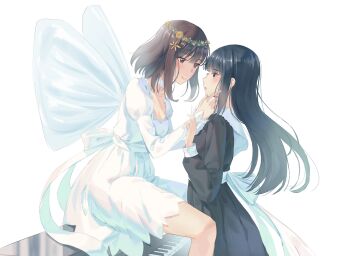 2girls absurdres back_bow black_hair blush bow brown_hair choker dress floating_hair flower flowers_(innocent_grey) from_side hair_flower hair_ornament hand_on_another&#039;s_chin hand_on_another&#039;s_wrist head_wreath highres instrument juliet_sleeves kafkasea kousaka_mayuri long_hair long_sleeves looking_at_another multiple_girls parted_lips piano profile puffy_sleeves school_uniform shirahane_suou short_hair sitting sitting_on_piano smile white_background white_bow white_choker white_dress wings yuri