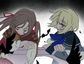 Rule 34 | 1boy, 1girl, artist request, bad id, bad twitter id, bird, blonde hair, blue eyes, brown hair, closed eyes, couple, crow, dimitri alexandre blaiddyd, dimitri alexandre blaiddyd (young), dress, edelgard von hresvelg, edelgard von hresvelg (young), feathers, fire emblem, fire emblem: three houses, hair between eyes, hetero, highres, leaning forward, leaning to the side, looking to the side, nintendo, open mouth, too many, too many birds, twintails, upper body