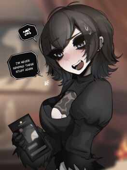 1girl 1other 2b_(nier:automata) 2b_(nier:automata)_(cosplay) absurdres black_hair blush breasts censored cleavage cleavage_cutout clothing_cutout cosplay earrings english_text fangs grey_eyes heart highres holding holding_phone hotel_transylvania jewelry mavis_dracula medium_hair mikuneki mosaic_censoring nier:automata nier_(series) phone raised_eyebrow skull_and_crossbones spoken_emoji sweatdrop text_messaging
