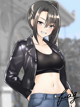 Rule 34 | 1girl, alternate costume, artist name, black eyes, black hair, black jacket, black sports bra, blue pants, blurry, blurry background, blush, breasts, casual, collarbone, commentary request, cowboy shot, furaggu (frag 0416), grin, hair between eyes, highres, jacket, kantai collection, large breasts, leather, leather jacket, long hair, long sleeves, looking at viewer, nachi (kancolle), navel, open clothes, open jacket, pants, revision, side ponytail, signature, smile, solo, sports bra