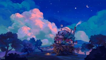 animated animated_gif artist_name building campfire chimney cloud cloudy_sky commentary crescent_moon english_commentary hill howl_no_ugoku_shiro laundry looping_animation mechanical_legs mechanical_wings mini-moss moon night night_sky no_humans outdoors scenery shooting_star sky smoke star_(sky) starry_sky tree wings