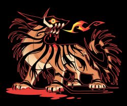 Rule 34 | animal focus, black background, blood, breath weapon, breathing fire, claws, dream tiger (govy9807), fire, full body, glowing, glowing eye, hannahalexart, highres, looking at viewer, monster, no humans, open mouth, original, outline, profile, red outline, sharp teeth, simple background, solo, teeth, tiger, yellow eyes