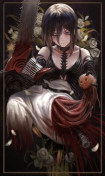 1boy 1girl absurdres alternate_costume bisected black_dress black_hair black_necktie chainsaw chainsaw_devil chainsaw_man commentary detached_sleeves dress flower gold_can green_eyes guro highres long_hair necktie pochita_(chainsaw_man) reze_(chainsaw_man) severed_torso sharp_teeth shirt short_hair spine spoilers symbol-only_commentary teeth torn_clothes white_shirt