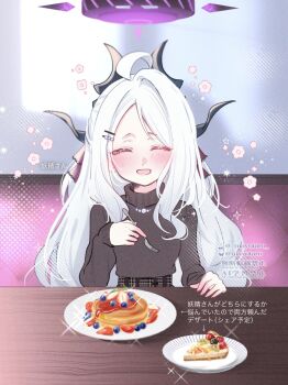 1girl belt_buckle blue_archive bluesky_username blush bow breasts brown_skirt brown_sweater buckle cake cake_slice closed_eyes commentary_request demon_girl demon_horns facing_viewer food fork hair_bow hair_ornament hairclip halo hand_on_table hand_up high-waist_skirt highres hina_(blue_archive) holding holding_fork horns indoors jewelry long_hair long_sleeves mayo_taro misskey.io_username multiple_horns necklace open_mouth pancake parted_bangs plate pov_across_table purple_halo sitting skirt small_breasts smile solo sweater table translation_request turtleneck turtleneck_sweater twitter_username very_long_hair watermark white_hair