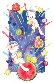 Rule 34 | animal, animal focus, blueberry, calico (pattern), calico cat, cat, fluff, food, fruit, helmet, highres, kiwi (fruit), lemon, no humans, onedayfour, open mouth, orange (fruit), original, painting (medium), pear, planet, space, space helmet, star (sky), starfruit, strawberry, traditional media, watercolor (medium), watermelon, white cat