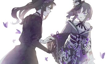 2girls bandaged_arm bandages bare_shoulders black_choker black_gloves black_hair black_hat black_jacket black_kimono black_ribbon bug butterfly butterfly_hair_ornament choker commentary_request flower gloves grey_eyes hair_ornament hat hat_flower highres housho_margo insect jacket japanese_clothes kimono kurobe_nanoka lolita_fashion long_hair long_sleeves looking_at_another mahou_shoujo_no_majo_saiban mini_hat mini_top_hat multiple_girls natch neck_ribbon open_mouth parted_bangs profile purple_butterfly purple_eyes ribbon standing top_hat twintails wa_lolita white_background