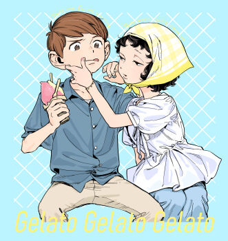 1boy 1girl black_hair blue_background bracelet brown_eyes brown_hair can_o29 chilchuck&#039;s_wife chilchuck_tims collared_shirt commentary_request dungeon_meshi eating english_text food food_on_face headscarf highres holding holding_food holding_ice_cream ice_cream ice_cream_cone invisible_chair jewelry pants shirt short_hair short_sleeves sitting tongue tongue_out wiping_face