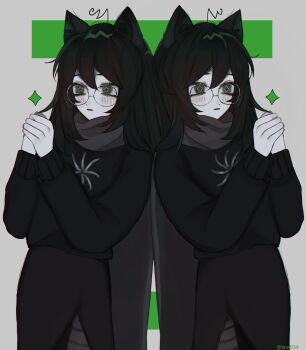 1girl absurdres animal_ears archived_source black_dress black_hair blush clone colored_skin commentary dog_ears dog_girl dress english_commentary expressionless glasses god_tier_(homestuck) green_eyes grey_pantyhose highres homestuck hood hood_down iina934 jade_harley messy_hair open_mouth own_hands_together pantyhose skirt spade_(shape) star_(symbol) star_in_eye striped_clothes striped_pantyhose symbol_in_eye tail twitter_username two-tone_background white_background white_skin