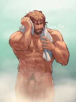 1boy abs after_bathing arcane:_league_of_legends arcane_jayce arm_hair artist_name bara beard chest_hair completely_nude connected_beard cowboy_shot drying drying_hair drying_own_hair facial_hair green_background highres holding holding_towel huge_pectorals jayce_(league_of_legends) large_penis league_of_legends male_focus muscular muscular_male navel nude pectorals penis pubic_hair punbun_4fun solo sparse_chest_hair sparse_leg_hair steam towel towel_around_neck wet