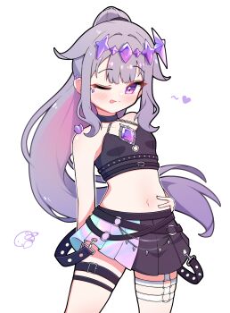 Rule 34 | 1girl, absurdres, bare shoulders, belt, black belt, breasts, chest jewel, commentary, english commentary, heart, highres, hololive, hololive english, jewel under eye, koseki bijou, legband, long hair, midriff, multicolored hair, one eye closed, pebble (koseki bijou), pink hair, ponytail, purple eyes, purple hair, shutowl, simple background, skirt, small breasts, solo, thighs, tongue, tongue out, virtual youtuber