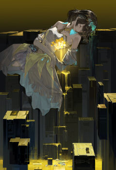 1girl abstract absurdres bare_shoulders binary black_hair boots bridal_gauntlets closed_eyes commentary cracked_skin cyberspace detached_sleeves dress english_commentary final_fantasy final_fantasy_xiv hair_behind_ear highres jewelry juliet_sleeves leaking long_sleeves lying medium_hair multicolored_hair necklace on_back puffy_sleeves reviplus solo sphene_(ff14) strapless strapless_dress streaked_hair thigh_boots white_boots white_dress yellow_liquid