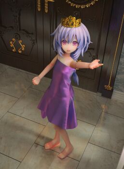 1girl 3d alternate_costume bare_shoulders barefoot crown door door_handle dress feet highres indoors linryouna long_hair neptune_(series) pink_eyes purple_hair pururut reflective_floor smile solo toes
