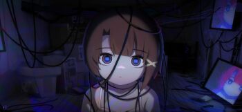 1girl absurdres asymmetrical_hair bare_shoulders brown_eyes brown_hair cable collarbone computer computer_tower dark hair_intakes hair_ornament highres indoors iwakura_lain looking_at_viewer morizo_(morizoshop) open_mouth serial_experiments_lain short_hair solo television triangle_mouth upper_body wooden_floor x_hair_ornament