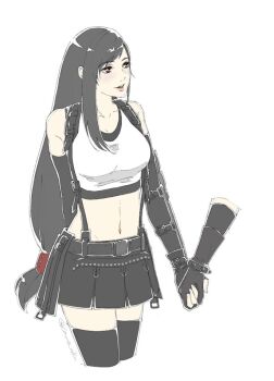 1boy 1girl arm_behind_back bare_shoulders black_gloves black_hair black_skirt black_thighhighs blush breasts camo_niku cloud_strife collarbone commentary_request couple cowboy_shot crop_top cropped_legs elbow_gloves final_fantasy final_fantasy_vii final_fantasy_vii_rebirth final_fantasy_vii_remake fingerless_gloves gloves hetero holding_hands long_hair looking_to_the_side low-tied_long_hair medium_breasts midriff miniskirt navel out_of_frame parted_lips red_eyes simple_background skirt suspender_skirt suspenders tank_top thighhighs tifa_lockhart twitter_username white_tank_top zettai_ryouiki