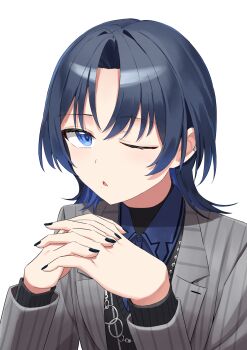Rule 34 | 1girl, black hair, black nails, black sweater, blue eyes, blue hair, blue shirt, collared shirt, colored inner hair, earclip, grey jacket, highres, hiodoshi ao, hiodoshi ao (1st costume), hololive, hololive dev is, interlocked fingers, jacket, jewelry, looking at viewer, medium hair, multicolored hair, necklace, own hands together, pinstripe jacket, pinstripe pattern, shirt, simple background, solo, suit jacket, sweater, v-neck, vakuuberi, virtual youtuber, white background, wolf cut