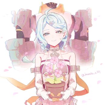 1girl bare_shoulders blue_eyes blue_hair blush braid breasts commentary detached_sleeves flower flower_pot gloves hair_ornament hair_ribbon hairclip highres holding holding_flower_pot humanoid_robot imoraisu_subu long_hair looking_at_viewer petals pink_flower ribbon robot see-through_clothes seed_(zenless_zone_zero) seed_sr. simple_background small_breasts solo_focus twitter_username white_ribbon zenless_zone_zero
