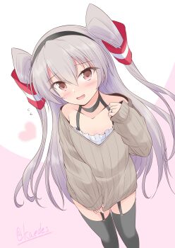 Rule 34 | 1girl, alternate costume, amatsukaze (kancolle), black choker, black hairband, black thighhighs, brown eyes, brown sweater, choker, commentary request, dress, feet out of frame, from above, garter straps, grey hair, hairband, highres, kantai collection, long hair, looking at viewer, one-hour drawing challenge, shizuna kaede, smile, solo, sweater, sweater dress, thighhighs, two side up