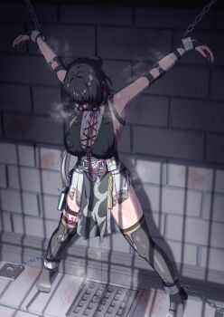 1girl black_hair boots bound bound_ankles bound_wrists clothed_sex cuffs elbow_pads fingerless_gloves gloves hair_ornament hair_ribbon heavy_breathing highres nipple_stimulation non-web_source panties pussy_juice pussy_juice_trail ribbon rover_(wuthering_waves) shackled shackles tagme thigh_boots thigh_strap thighhighs underwear vibrator vibrator_cord vibrator_on_nipple vibrator_under_clothes vibrator_under_panties wuthering_waves zetsu_red