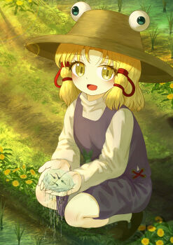 Rule 34 | 1girl, absurdres, animal print, blonde hair, blush, brown hat, commentary, commentary request, ekaapetto, english commentary, flower, frog print, hair ribbon, hat, highres, lens flare, long sleeves, looking at viewer, making-of available, mixed-language commentary, moriya suwako, open mouth, outdoors, paid reward available, purple skirt, purple vest, red ribbon, ribbon, skirt, skirt set, smile, solo, tadpole, touhou, tress ribbon, vest, water, wide sleeves, yellow eyes, yellow flower